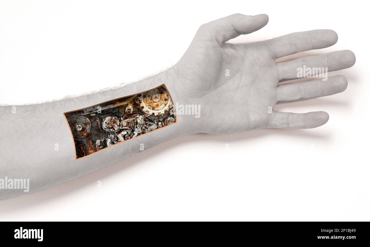 Robot hand inside human hand - Prosthesis concept, isolated on white Stock Photo