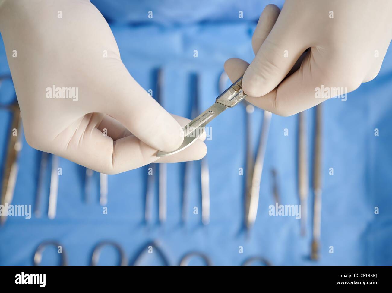 Close up view of doctor's hands holding scalpel for plastic surgery. Surgeon with stainless steel medical instrument in arms wearing white sterile gloves. Concept of surgery and medicine. Stock Photo