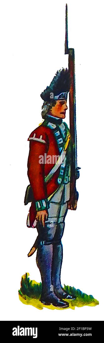 An old illustration showing the uniform of a British infantry grenadier 1768 Stock Photo