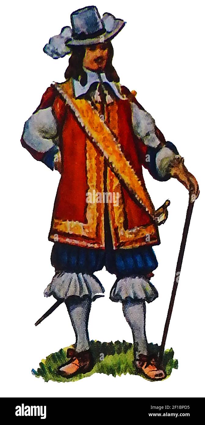 An old illustration showing the uniform of a British infantry officer 1660 with feathered hat and laced leggings Stock Photo