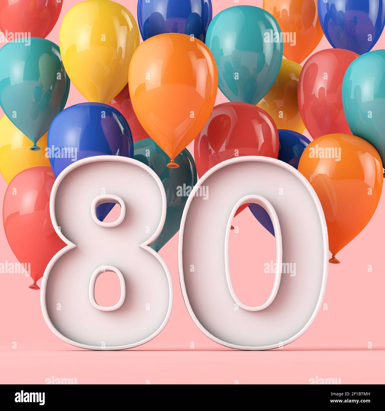 Happy 80th birthday background with colourful balloons. 3D Rendering Stock Photo