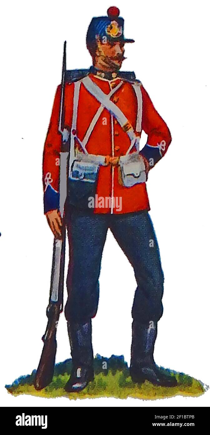 An old illustration showing the uniform of a British infantry soldier 1874 standing at ease Stock Photo
