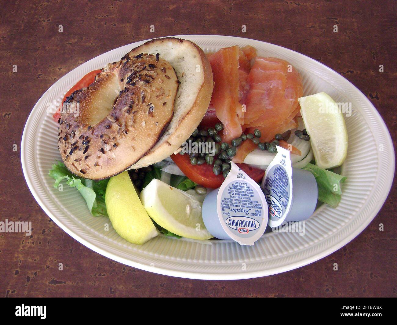 The lox plate at Shapiro&apos;s deli in Indianapolis features silky smoked salmon and all the traditional accoutrements. (Photo by Monica Eng/Chicago Tribune/MCT/Sipa USA) Stock Photo