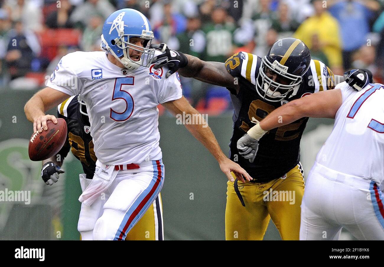 Tennessee Titans Tony Brown pressures New York Jets quarterback Mark  Sanchez in an NFL football game at Giants Stadium East Rutherford, New  Jersey, Sunday, September 27, 2009. The Jets won 24-17. (Photo