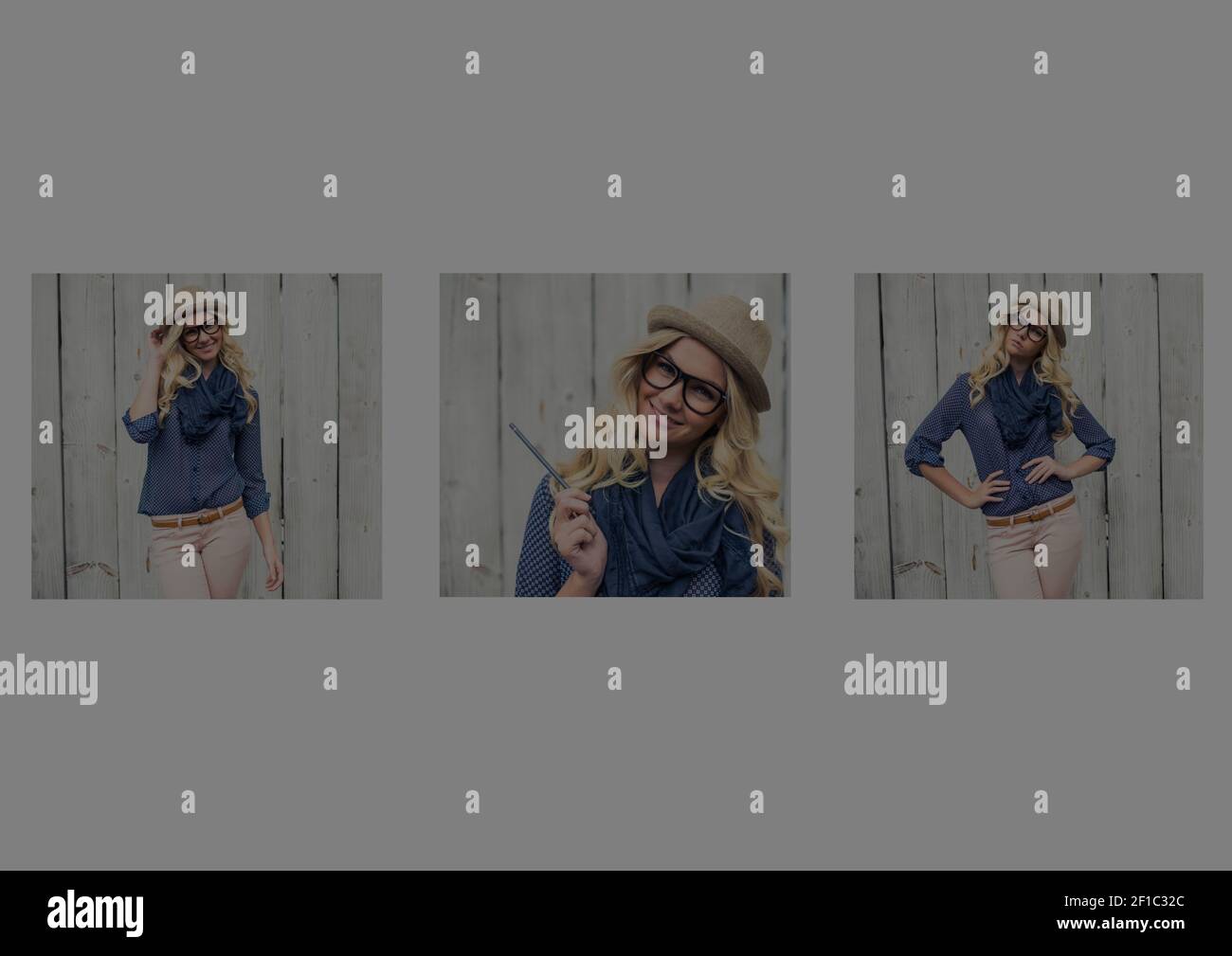 Composition of three images of fashionable blonde caucasian woman muted on grey background Stock Photo