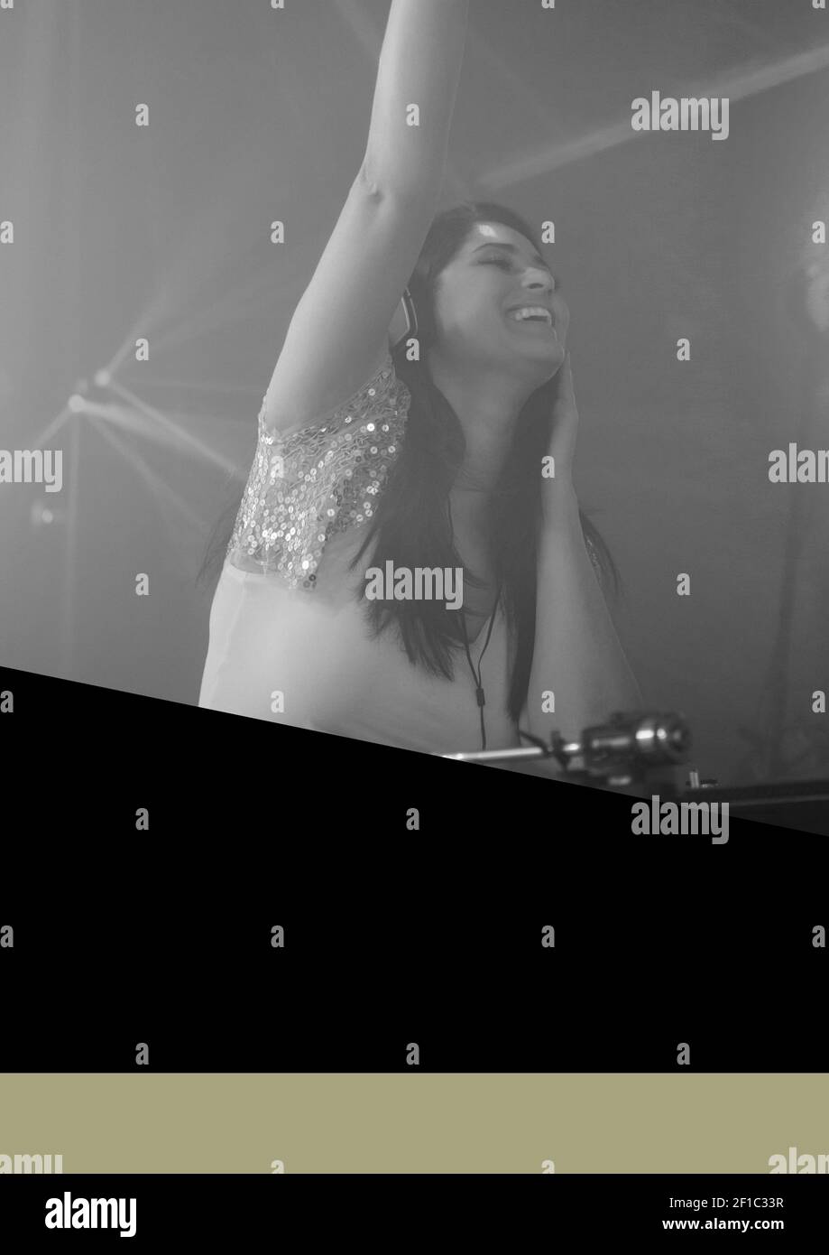 Composition of black and white image of woman djing with black and grey copy spaces Stock Photo
