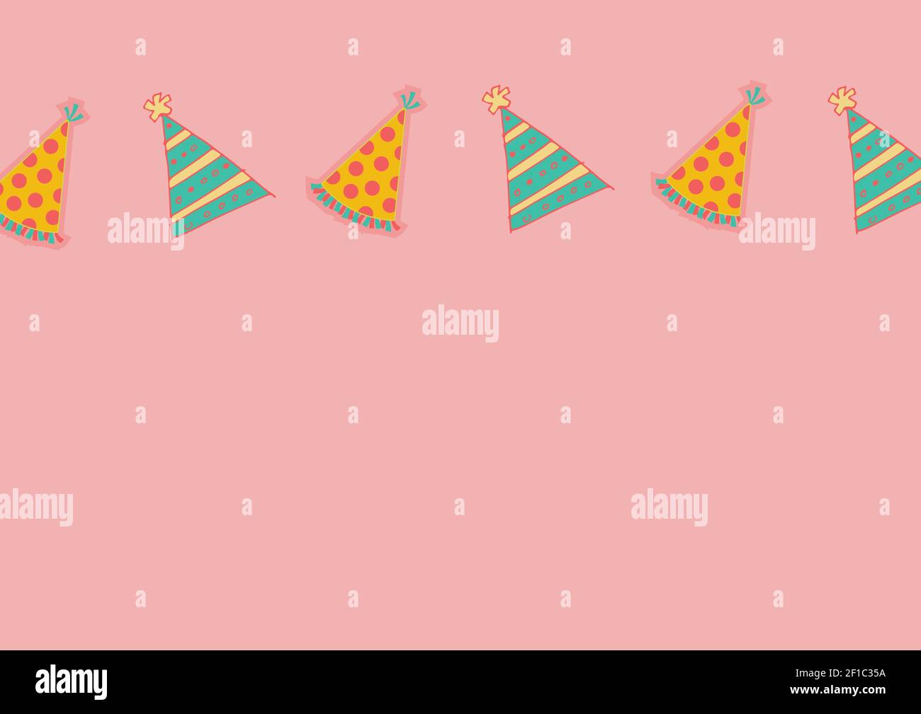 Illustration of a row of colourful party hats on pale pink background ...