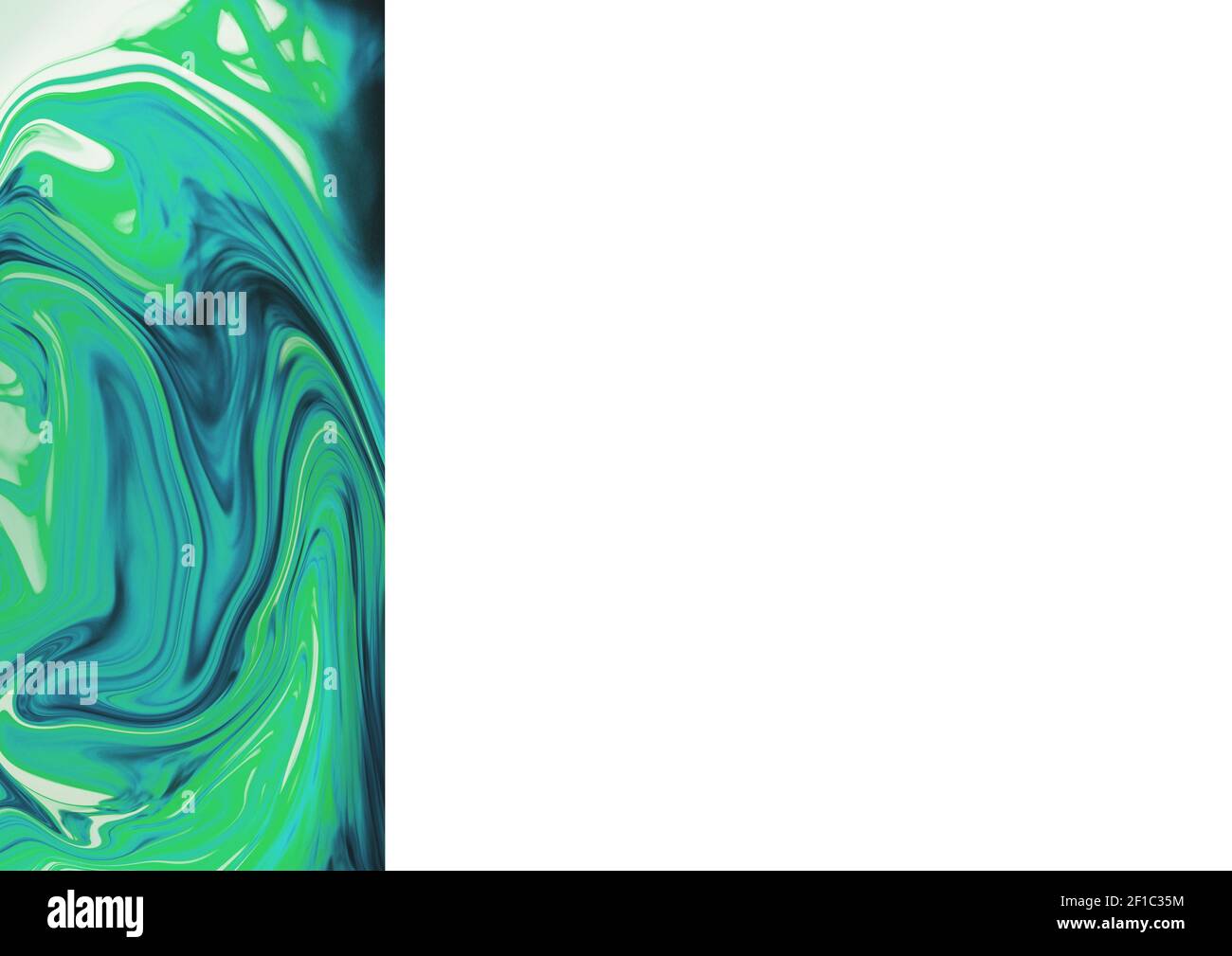 Composition of shiny green liquid paint swirl image with large white copy space to right Stock Photo