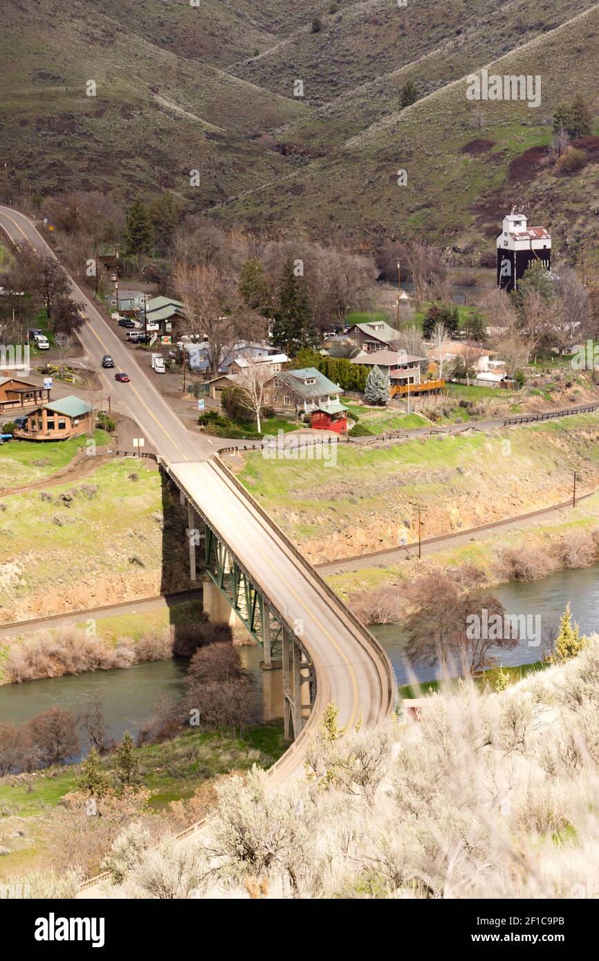 Maupin Oregon Downtown Aerial View Deschutes River Highway 197 Stock Photo