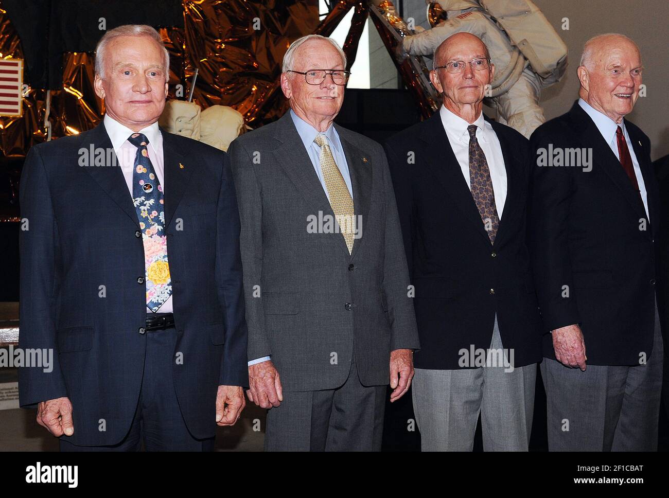 Apollo 11 astronauts Buzz Aldrin, left, Neil Armstrong, center left, and  Michael Collins, center right, and astronaut and former senator John Glenn  attend a joint lecture on space history, on the eve