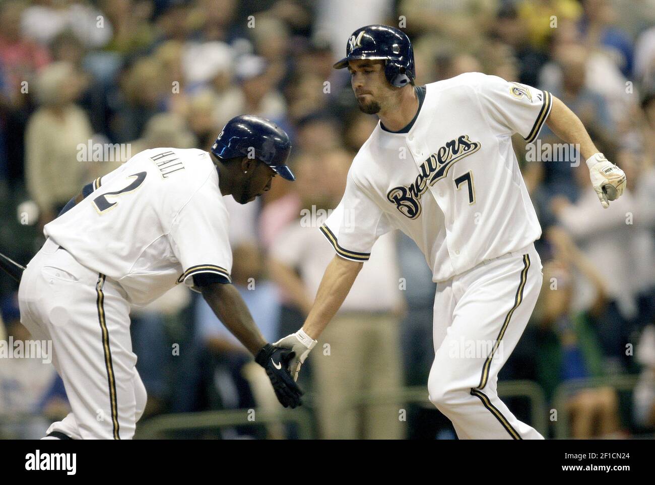 Milwaukee Brewers' Bill Hall greets J.J. Hardy who hit a home run in the  sixth inning against the Chicago Cubs at Miller Park in Milwaukee,  Wisconsin, on Friday, May 8, 2009. The