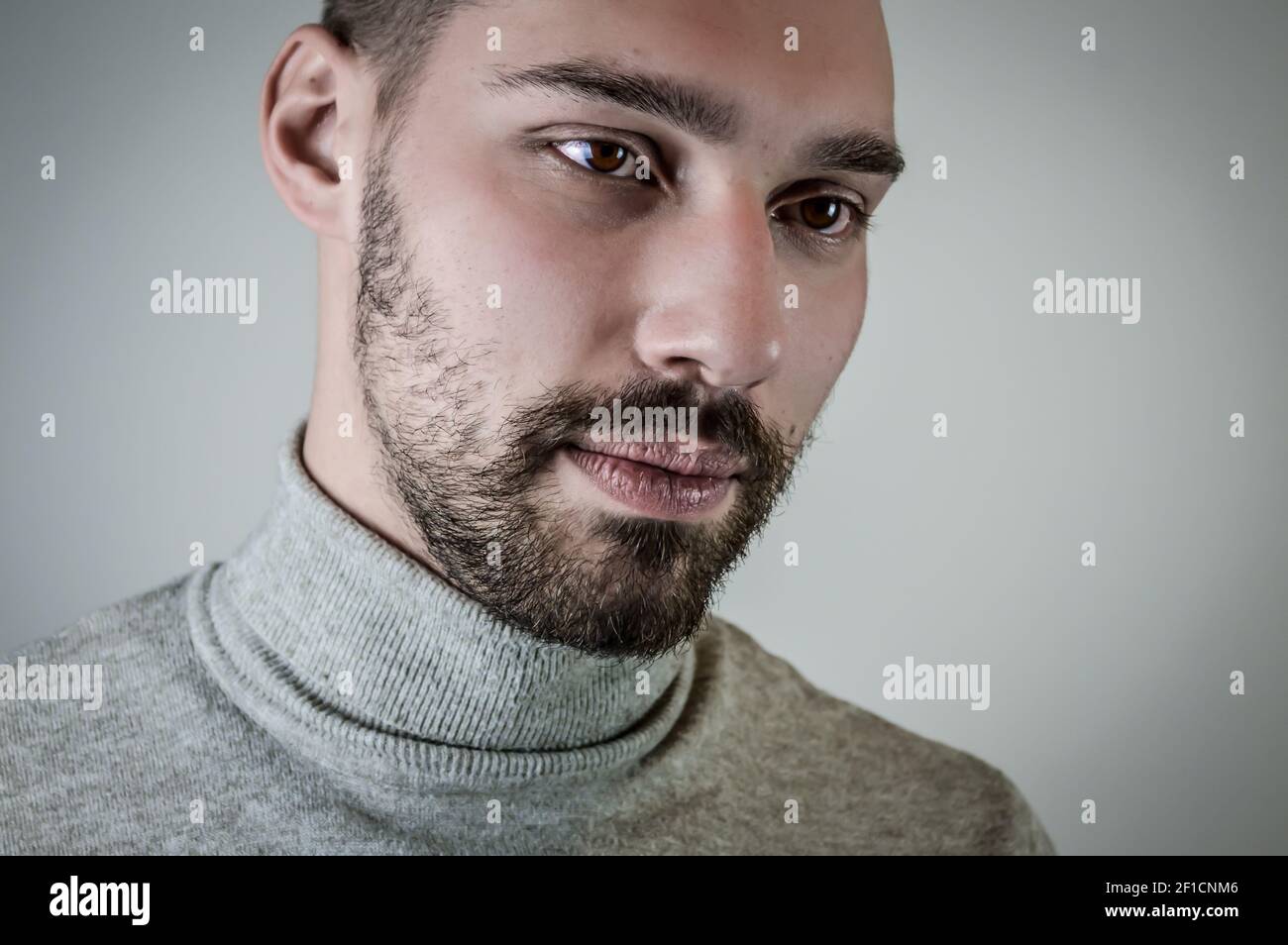 Portrait of a young brown-haired man with a short beard and a gray ...