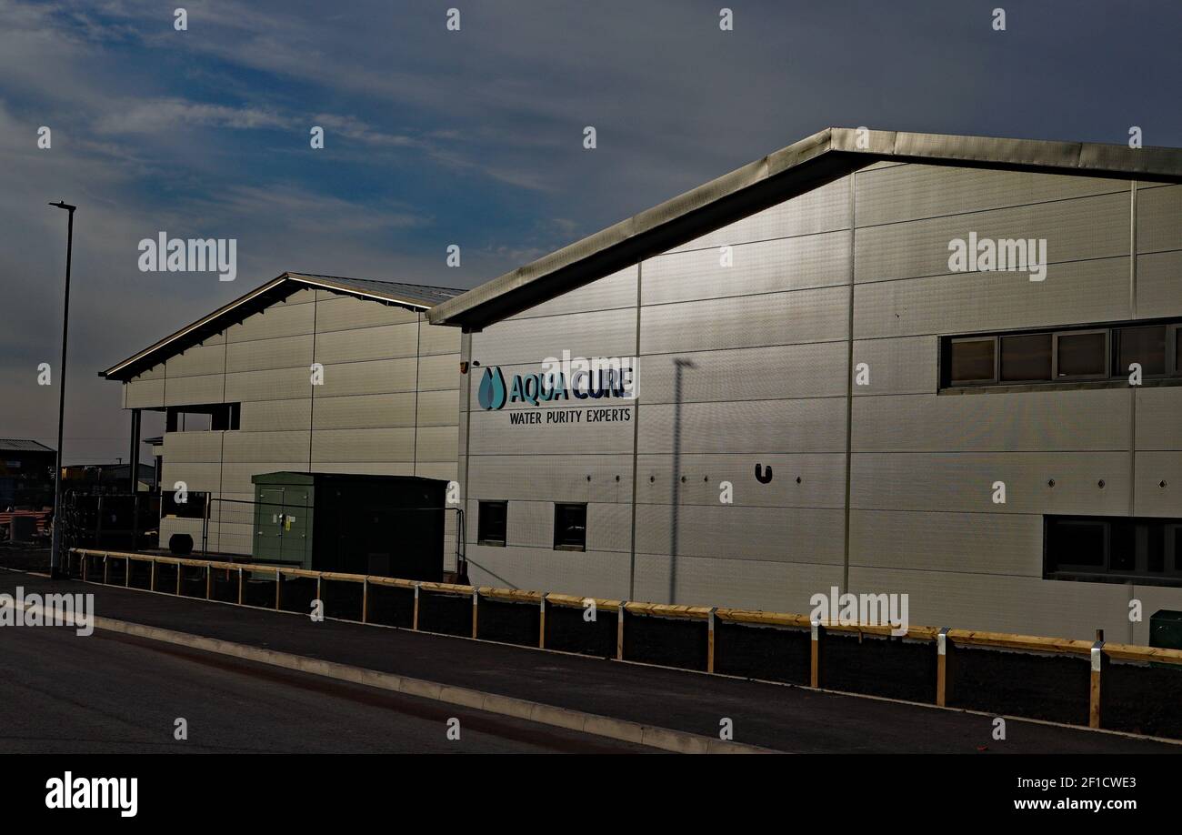 Nearly new base for Aqua Cure in a shiny building on the former airfield in Burscough which is gradually being repurposed as an industrial estate. Stock Photo