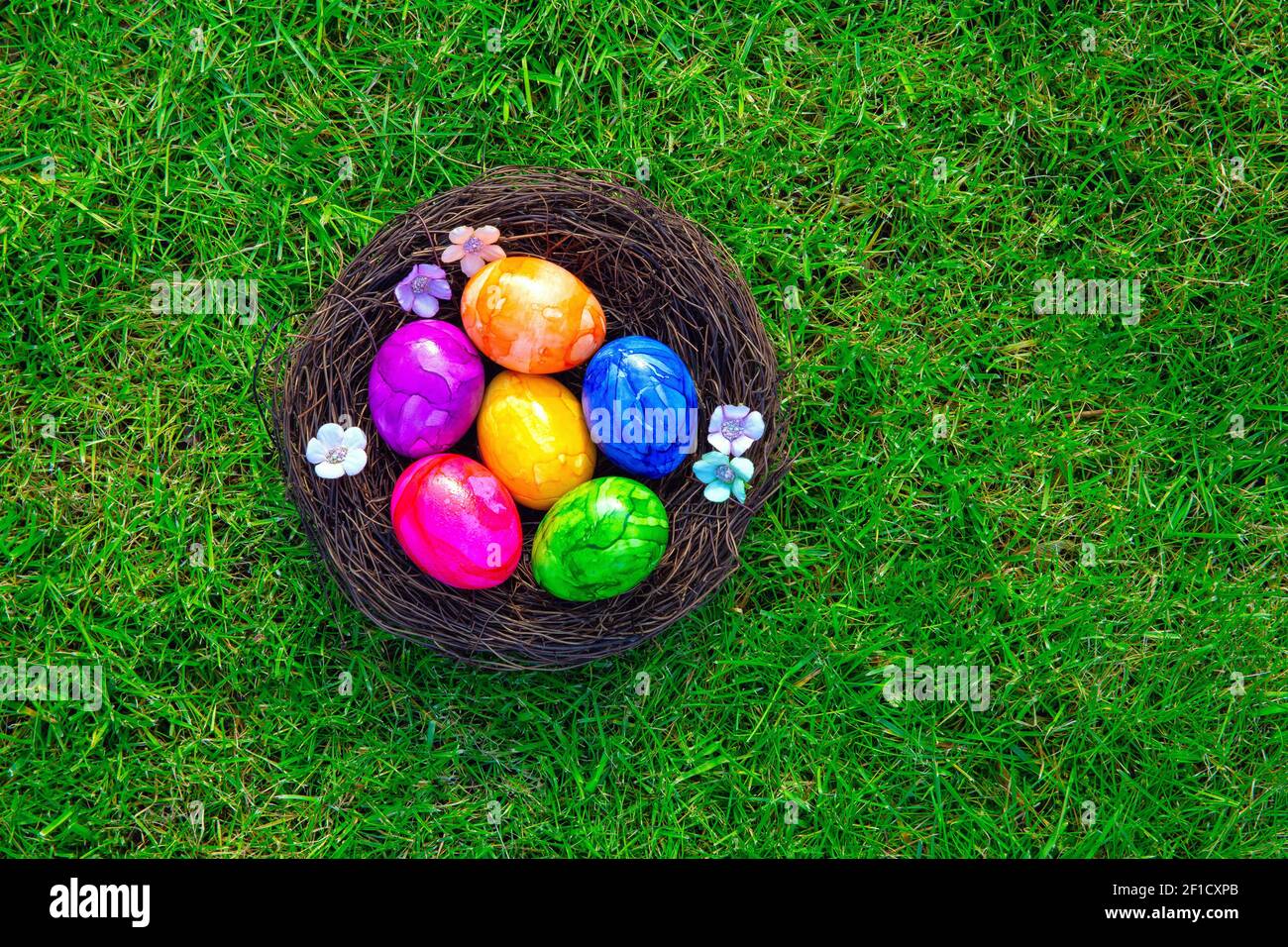 Colorful painted Easter eggs in nest on fresh green grass top view ...