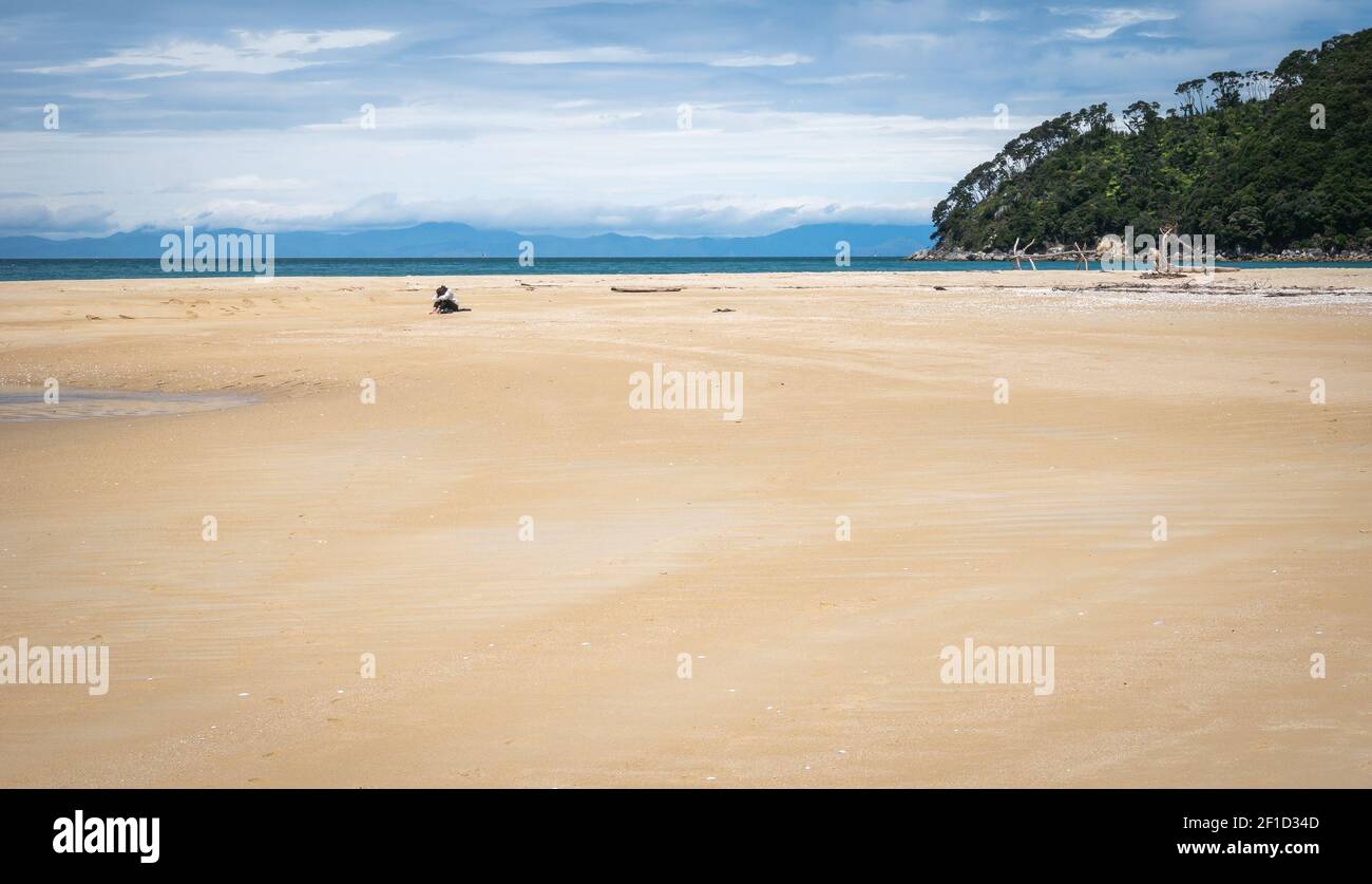 Person relaxing on remote beach with golden sands. Shot in Abel Tasman National Park, New Zealand Stock Photo
