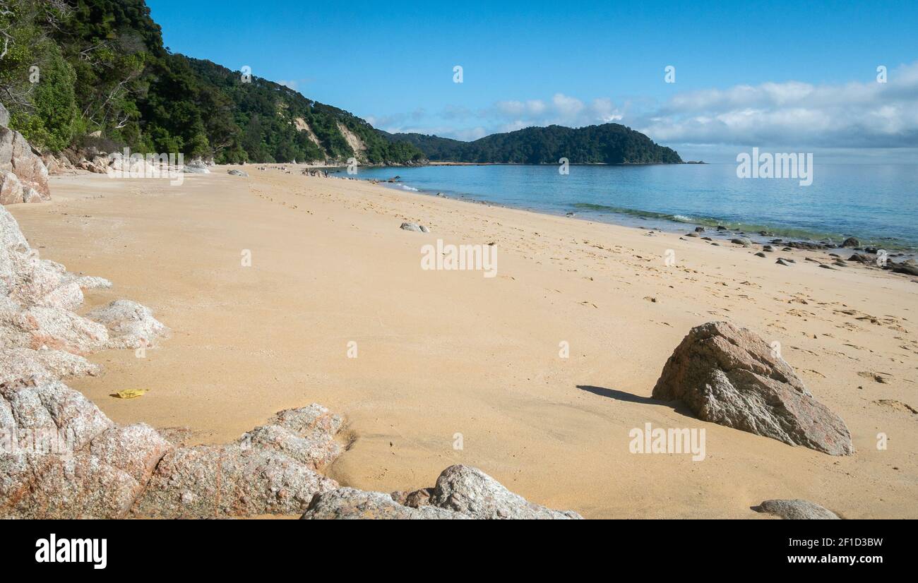 Remote exotic beach with golden sands, shot in Abel Tasman National Park, New Zealand Stock Photo