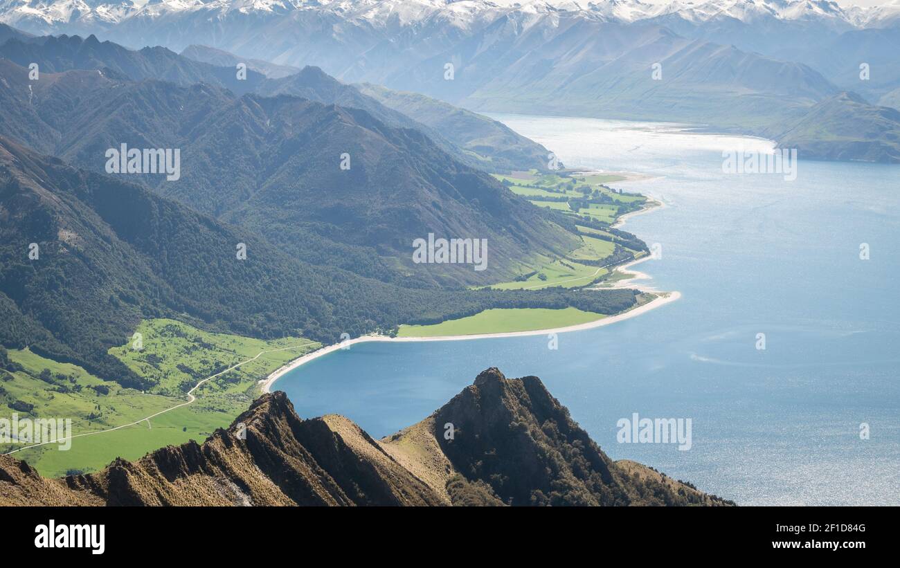 Beautiful vista with dry tussocks,lush green meadows,blue lake and snowy mountains narrow shot made during sunny day on Isthmus Peak summit Stock Photo