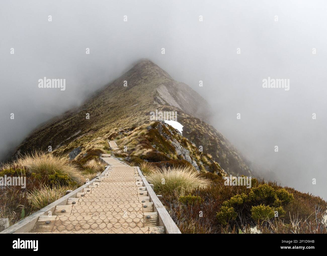 Wooden pathway leading through mountain ridgeline shrouded by fog, shot at Kepler Track, Fiordland National Park, New Zealand Stock Photo