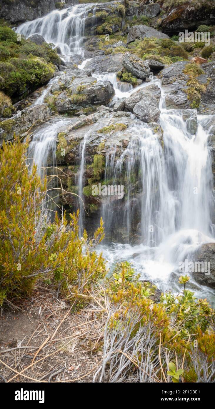 Cascading waterfall with silky water, portrait shot made on Routeburn Track, New Zealand Stock Photo