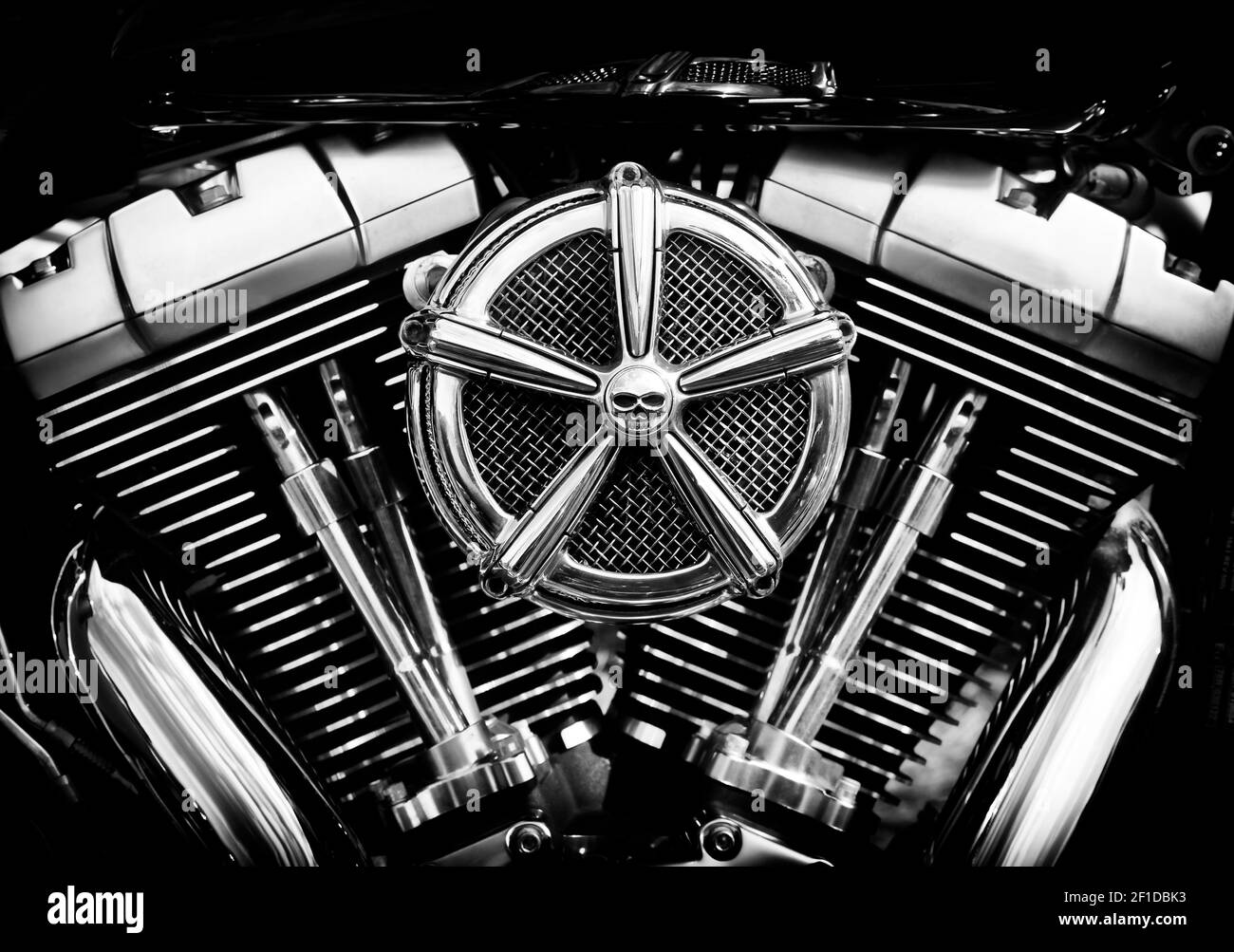 Harley Davidson motorcycle engine. Black and White Stock Photo