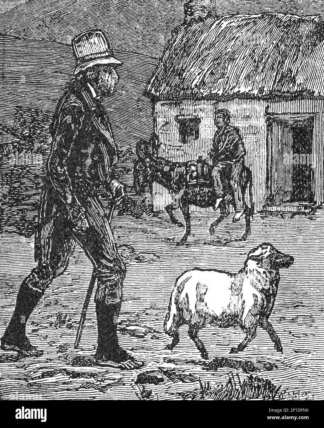A drawing illustrating the rural nature of street life in Claddagh, Galway City in the 19th Century, Ireland Stock Photo