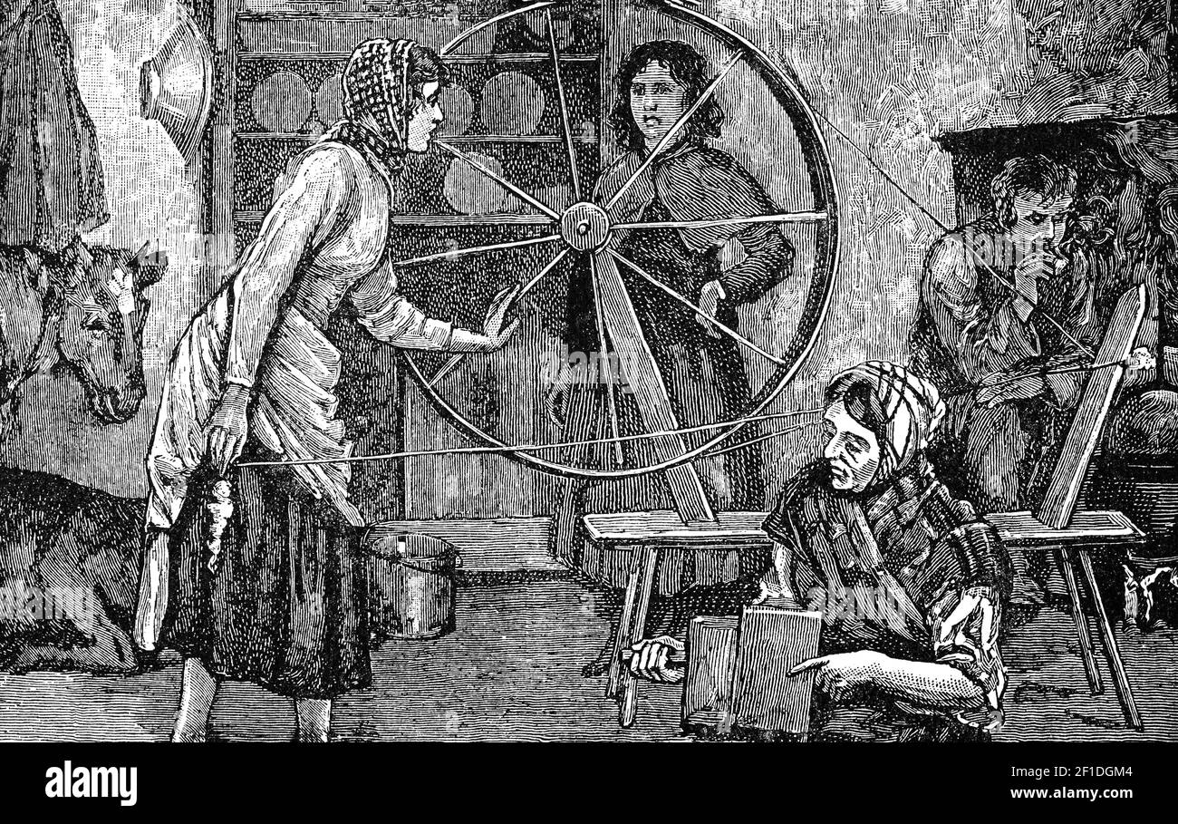 A 19th Century illustration of domestic life  in a cottage in Claddagh, Galway City, Ireland; an old man smokes his pipe as the women spin yarn in front of an Irish dresser. Stock Photo