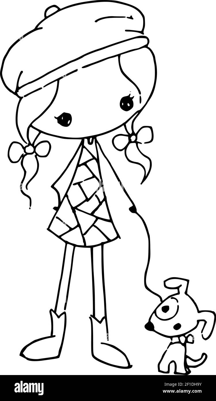 vector cartoon black and white girl with flowers and dog puppy Stock