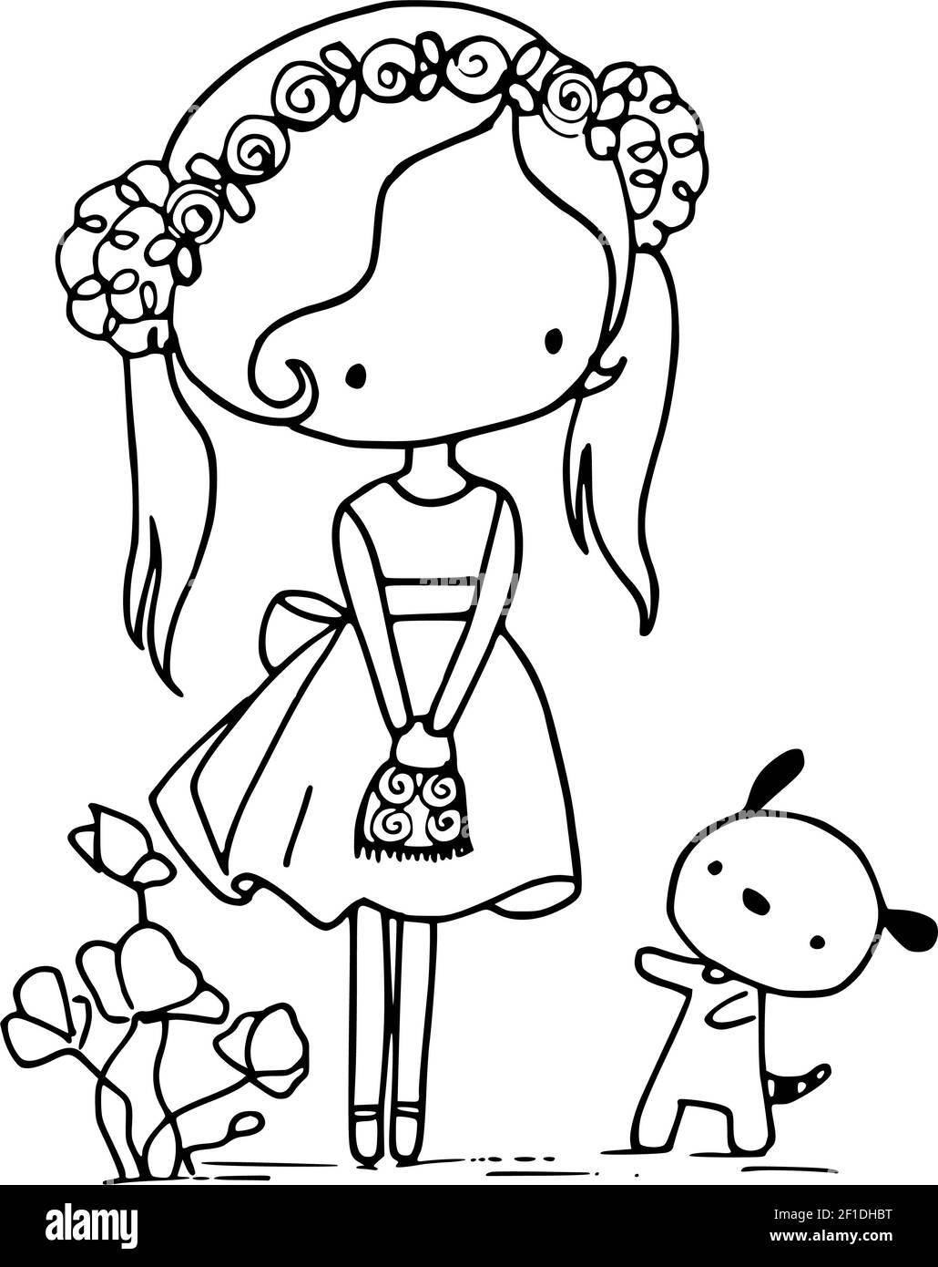 vector cartoon black and white girl with flowers and dog puppy Stock
