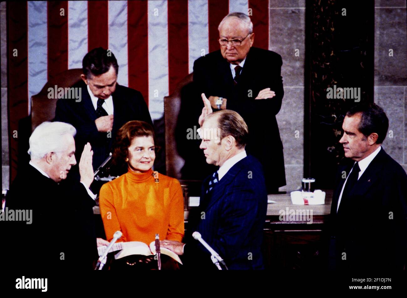 Gerald Ford takes the oath of office as Vice President, in a ceremony ...