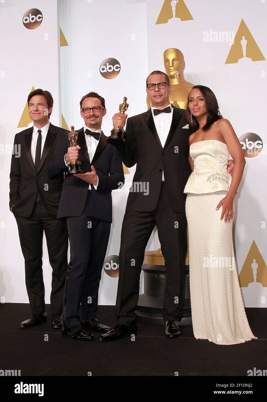 22 February 2015 - Hollywood, California - Actor Jason Bateman, James Lucas and Mat Kirkby winners of the Best Live Action Short Film Award for 'The Phone Call', and actress Kerry Washington pose in the press room during the 87th Annual Academy Awards presented by the Academy of Motion Picture Arts and Sciences held at the Dolby Theatre. Photo Credit: Theresa Bouche/AdMedia/Sipa USA Stock Photo