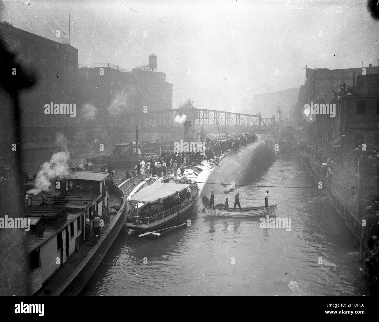 The S.S. Eastland lying on its side in the Chicago River after slowly rolling over and drowning 844 people on July 24, 1915 in Chicago. (Photo by Chicago Tribune historical photo/TNS) *** Please Use Credit from Credit Field *** Stock Photo