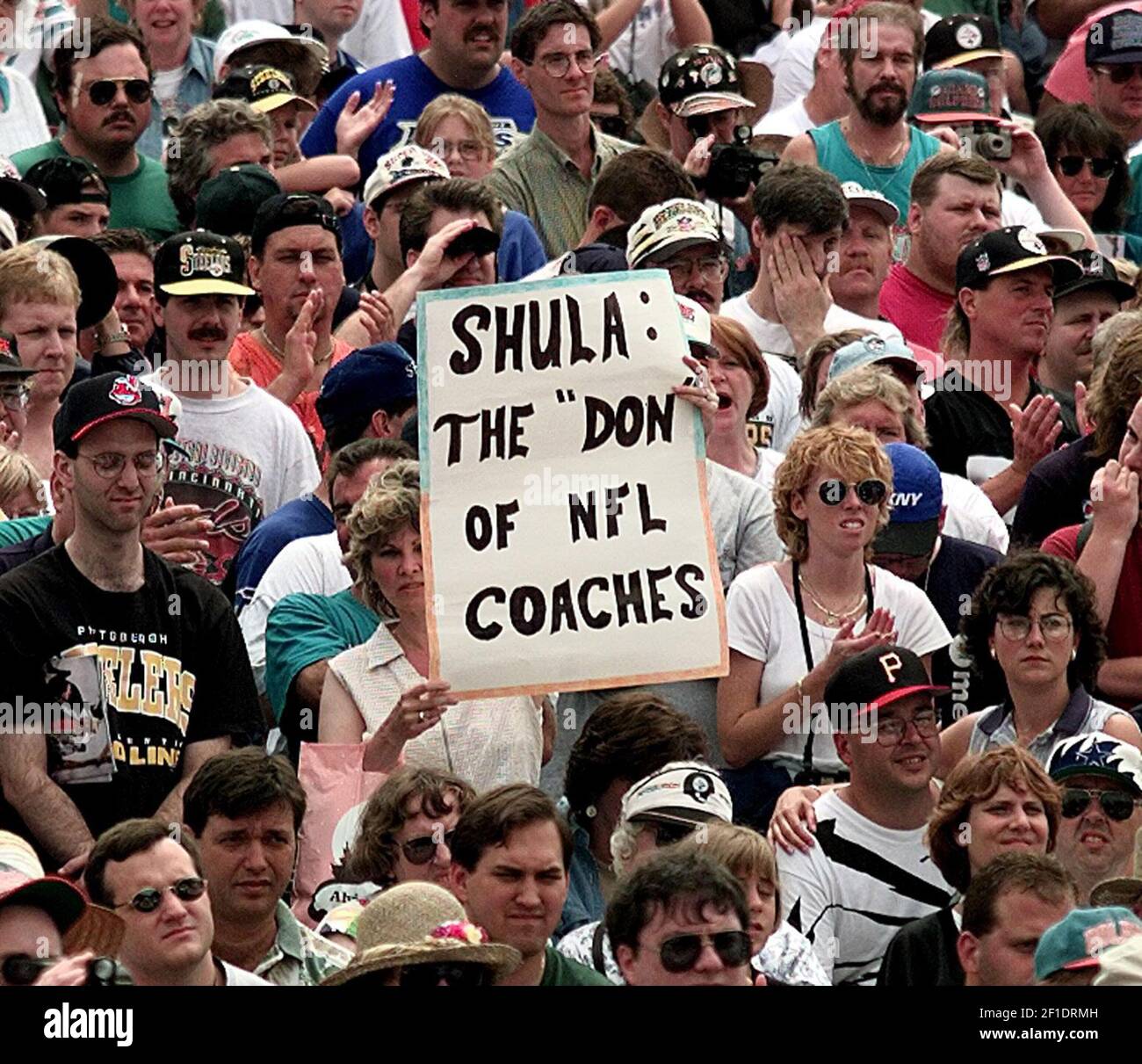 A fan with a Don Shula sign during Shula's induction ceremony into the NFL Football Hall of Fame in Canton, Ohio. (Photo by Joe Rimkus Jr./Miami Herald/TNS/Sipa USA) Stock Photo