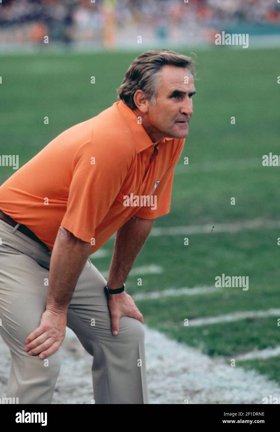 Jan 8, 1983; Miami, FL, USA; FILE PHOTO; Miami Dolphins head coach Don Shula on the sidelines during the 1982 AFC Divisional Playoff Game against the New England Patriots at the Orange Bowl. The Dolphins defeated the Patriots 28-13. Mandatory Credit: Tony Tomsic-USA TODAY NETWORK (Photo by Tony Tomsic-USA Today Network/Sipa USA) Stock Photo