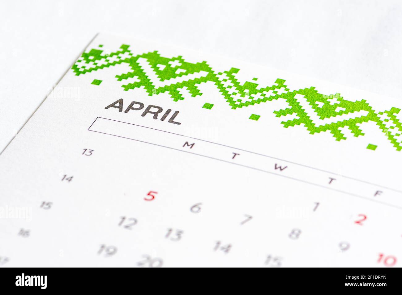 Month of April 2020 on the calendar on a white table with days, close up Stock Photo