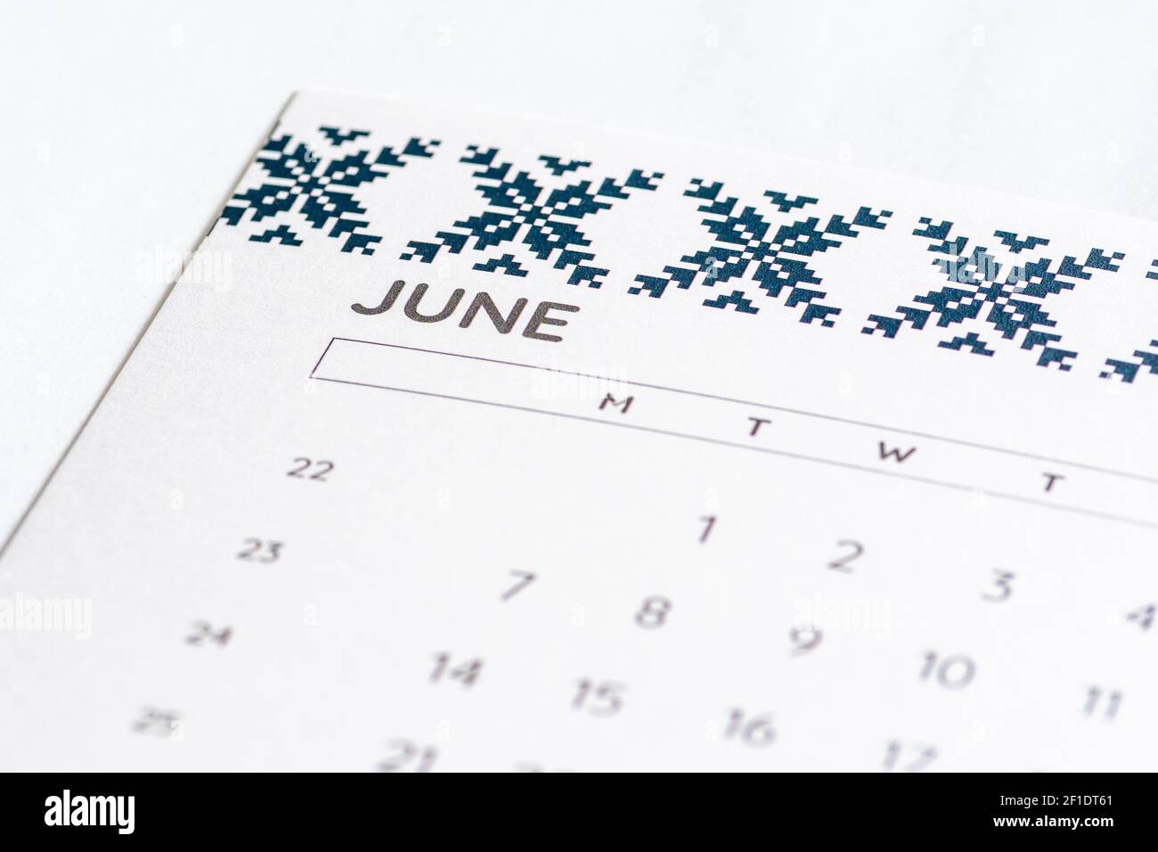 Month of June 2020 on the calendar on a white table with days, close up Stock Photo
