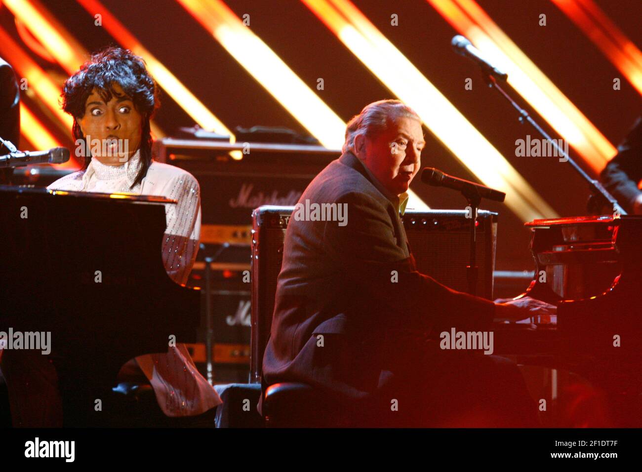 Feb 10, 2008; Los Angeles, CA, U.S.A; Little RIchard, left, and Jerry Lee Lewis, right, perform during the 50th annual Grammy Awards at the Staples Center in Los Angeles, CA. Mandatory Credit: Robert Hanashiro-USA TODAY/Sipa USA Stock Photo