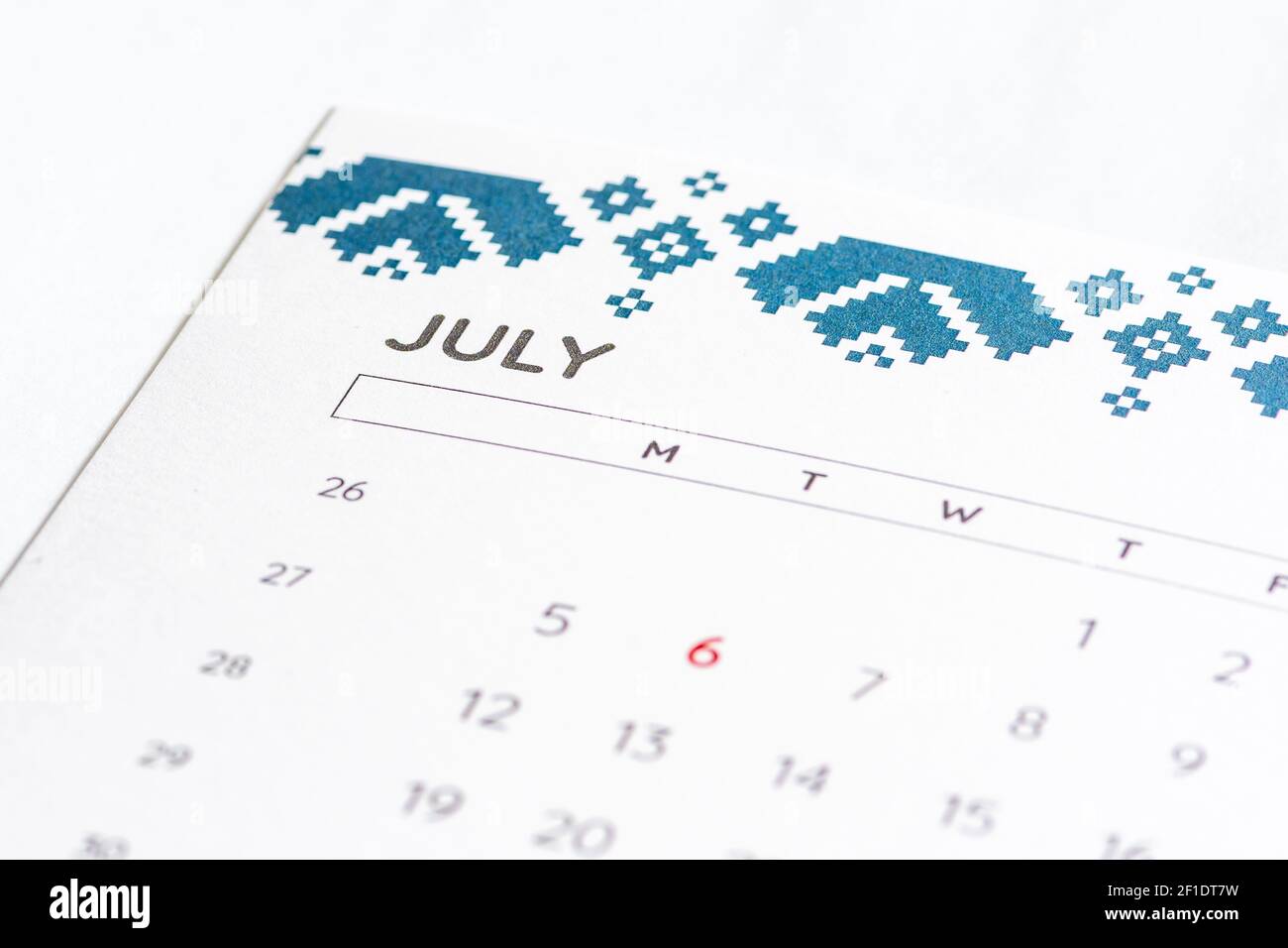 Month of July 2020 on the calendar on a white table with days, close up Stock Photo