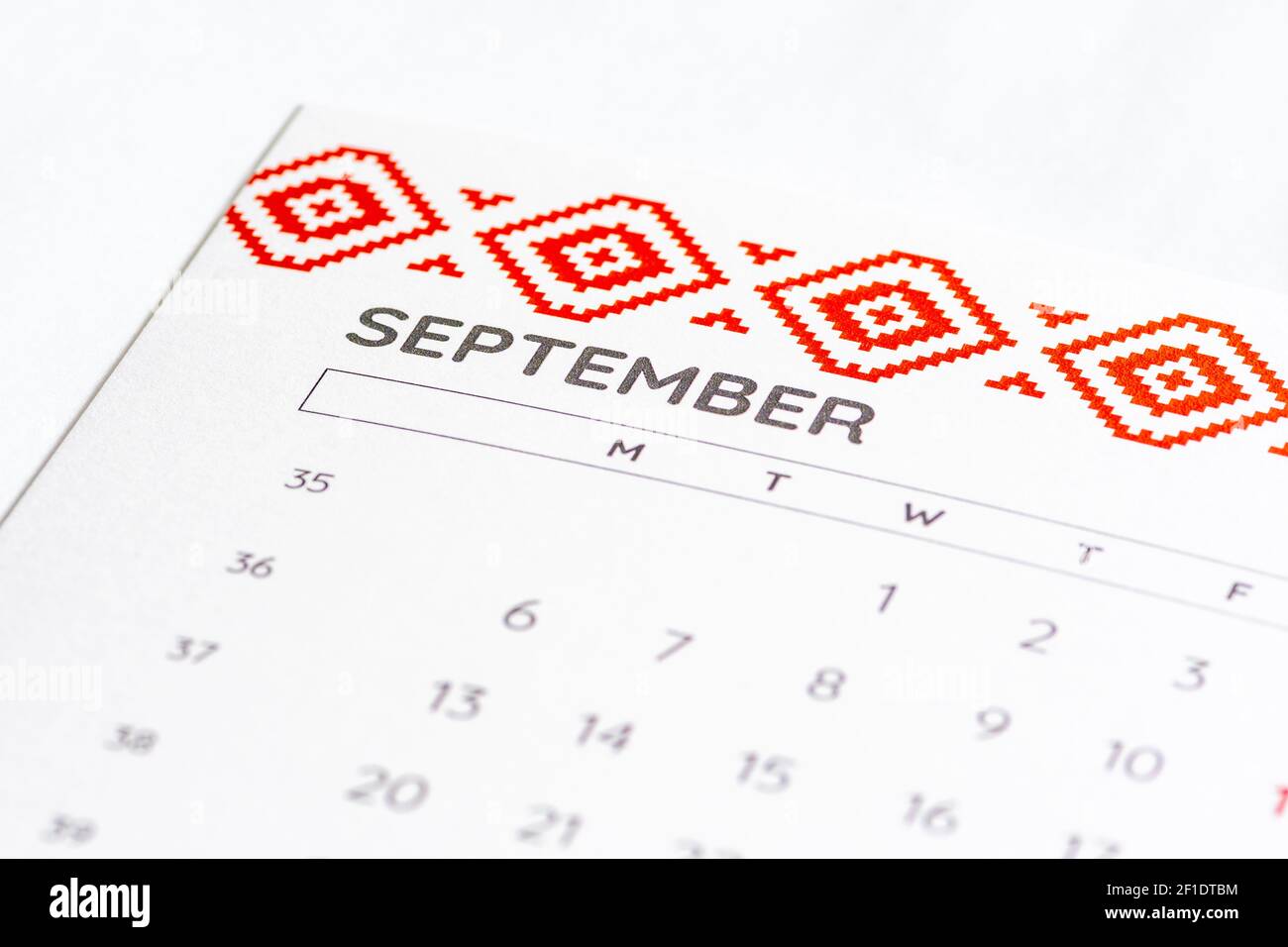 Month of September 2020 on the calendar on a white table with days, close up Stock Photo