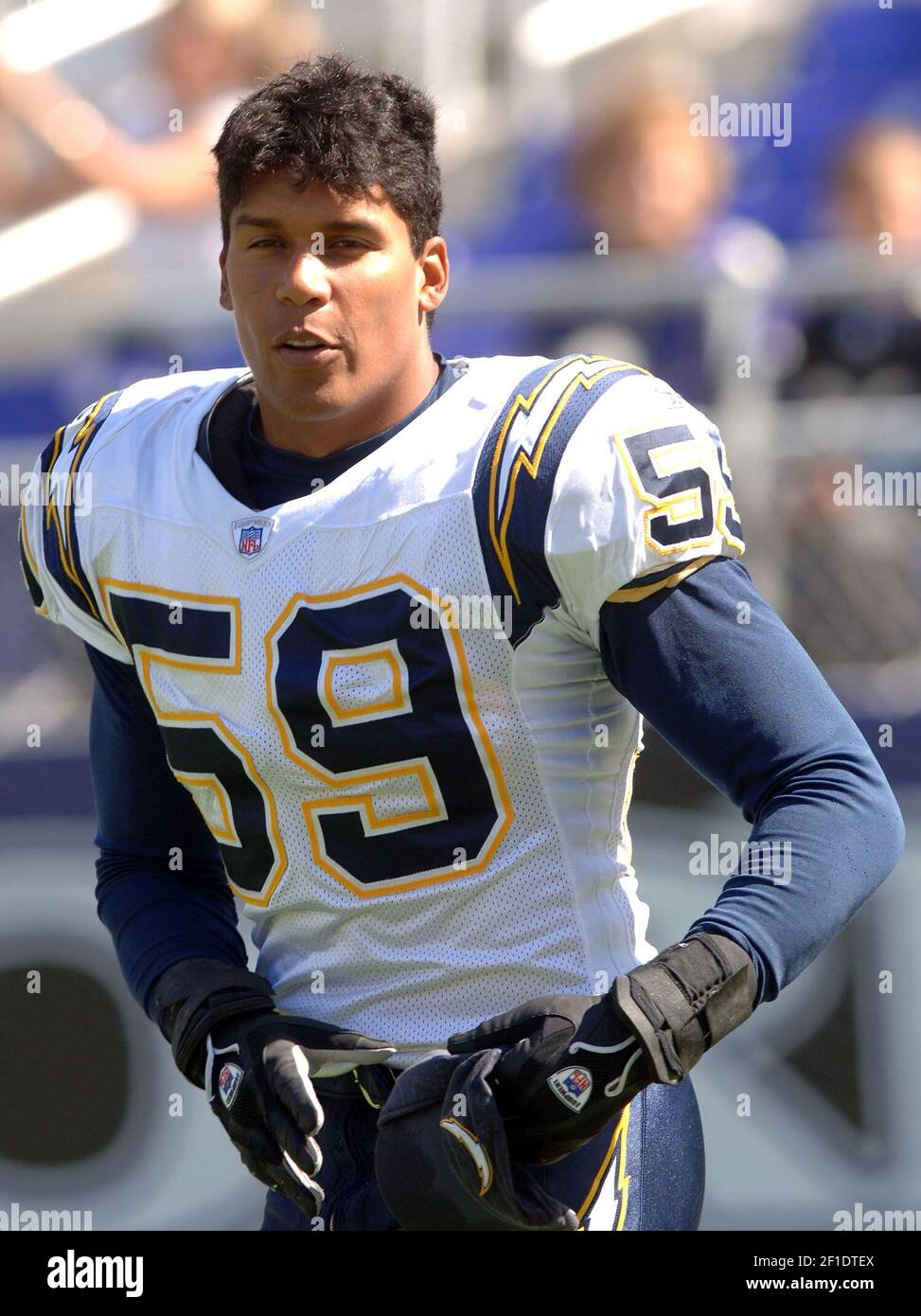 The San Diego Chargers' Donnie Edwards before a game against the Baltimore Ravens on October 1, 2006, in Baltimore. (Photo by George Bridges/MCT/TNS/Sipa USA) Stock Photo