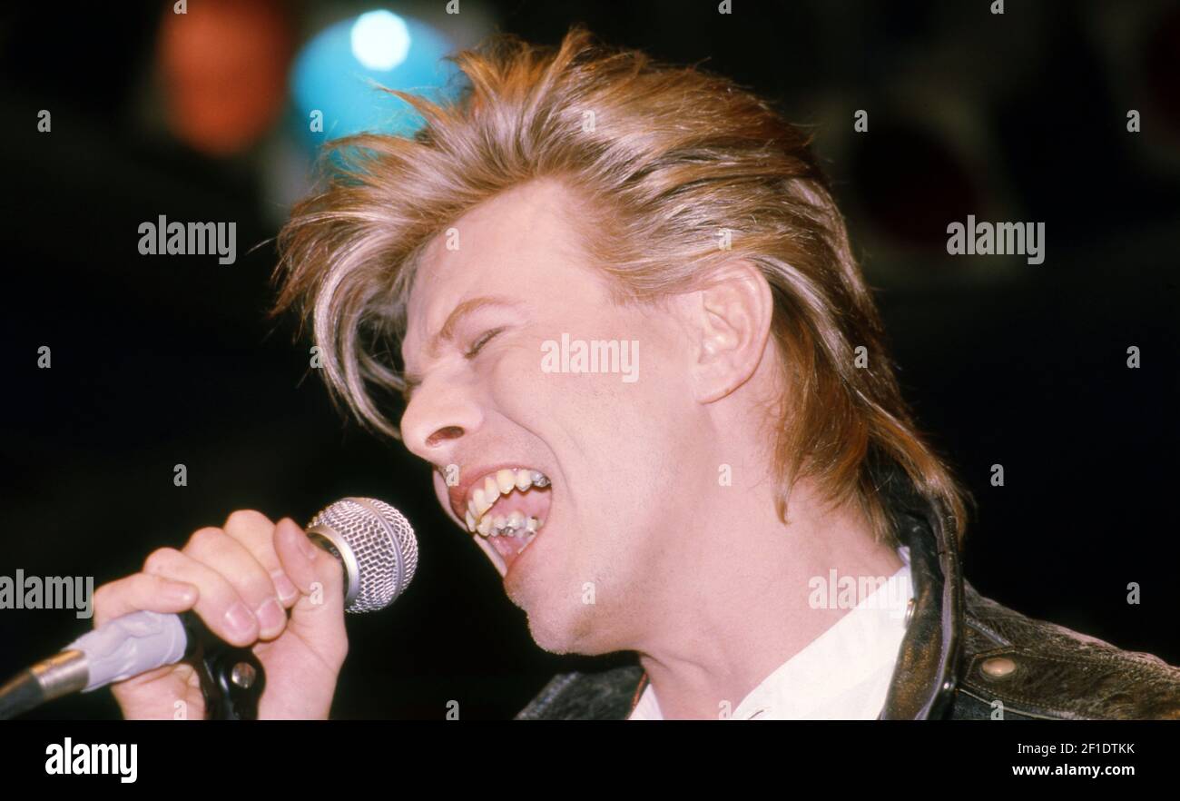March 18, 1987; New York, NY, USA; Rock singer David Bowie performs at a press conference at The Cat Club in Greenwich Village, New York City, on March 18, 1987. The English rock star was announcing a six-month, 100-city tour, titled 'Serious Moonlight,' scheduled to being in Rotterdam. Mandatory Credit: Robert S. Townsend/NorthJersey.com via USA TODAY NETWORK/Sipa USA Stock Photo