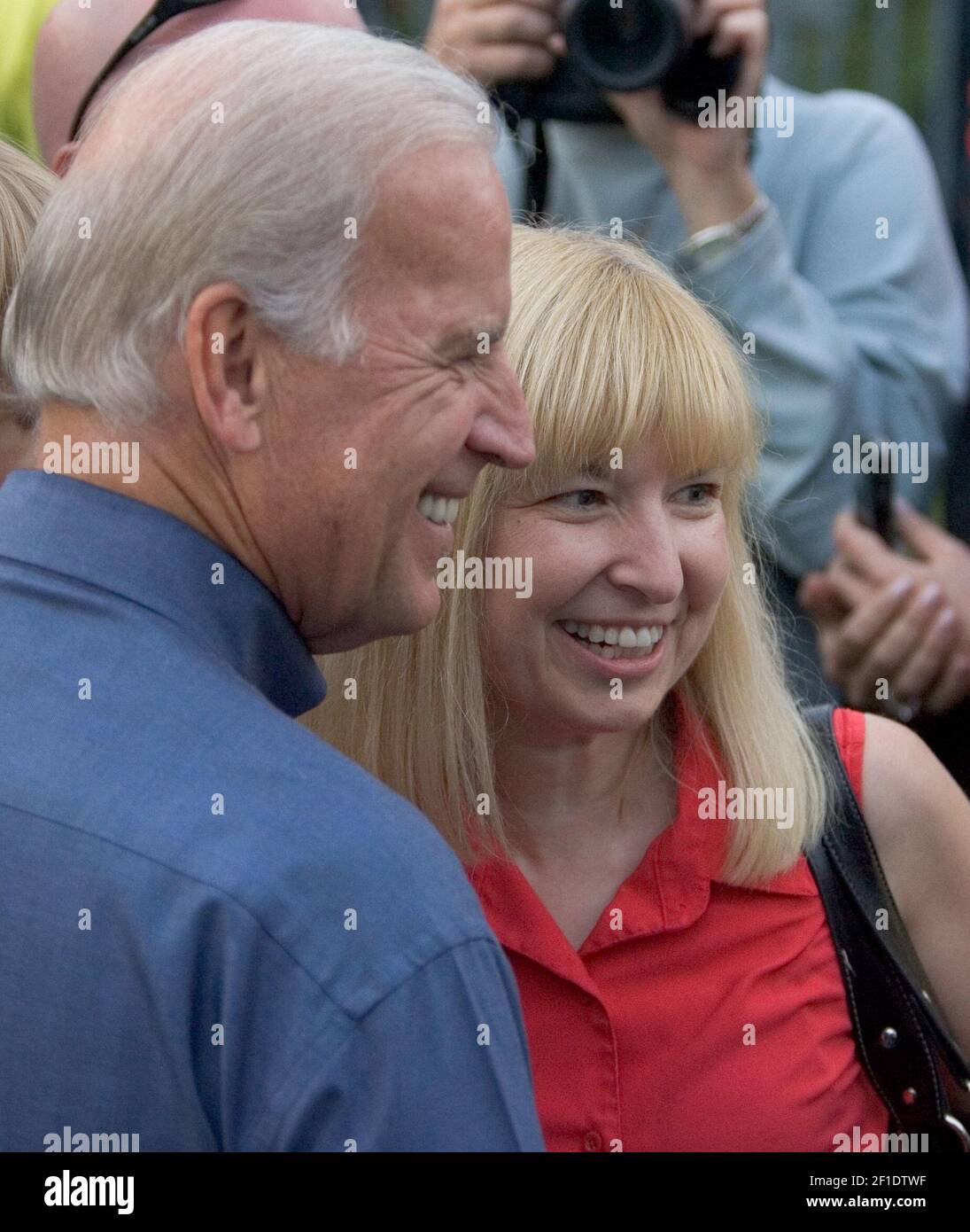 Sept 16, 2008; Middletown, PA, USA; Joe Biden poses for a snapshot with Mary Ellen Balchunis of Drexel Hill, Pa., a political science professor at LaSalle University and a local Democratic official. Mandatory Credit: William Bretzger/The News Journal via USA TODAY NETWORK/Sipa USA Stock Photo