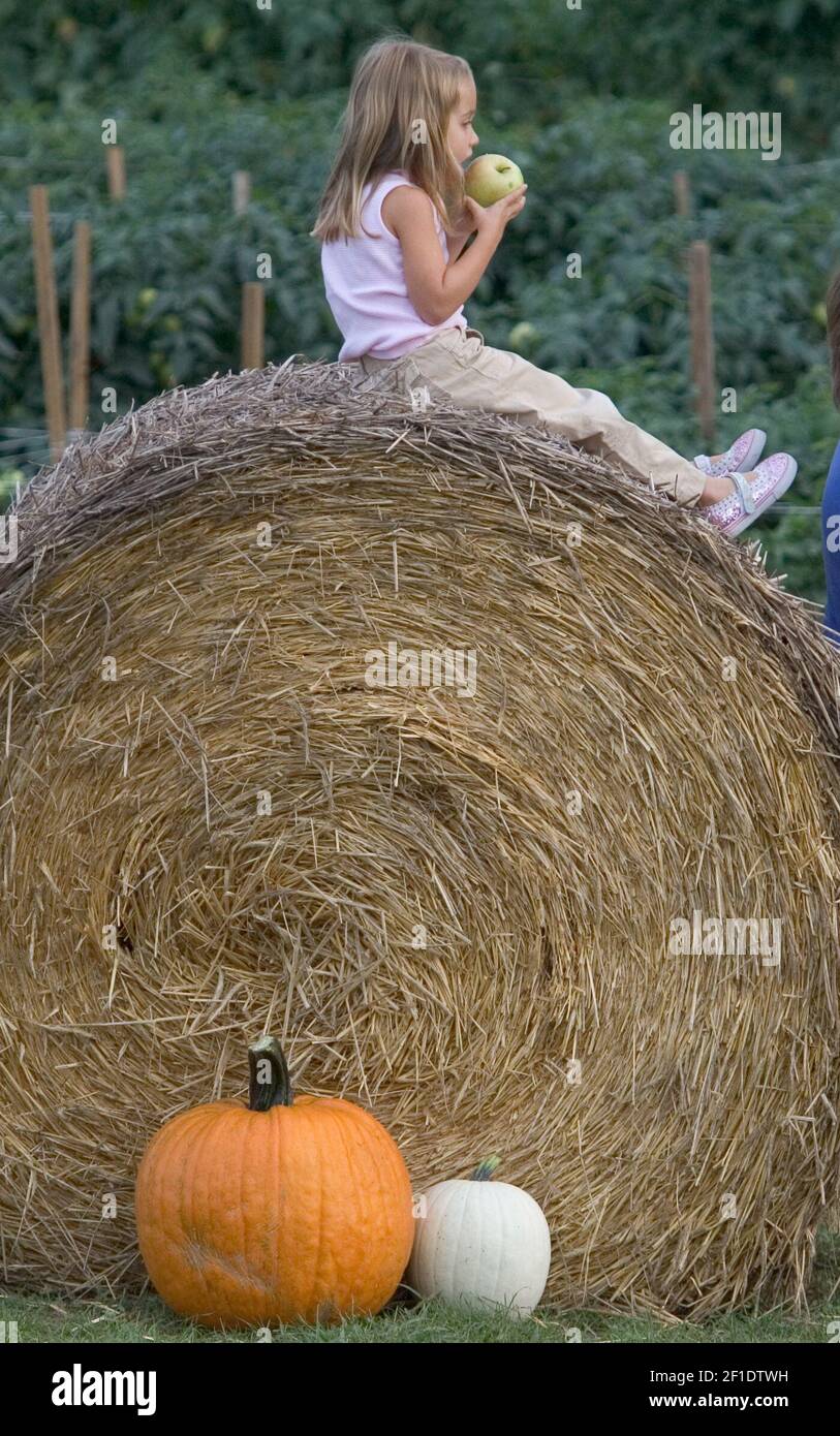 Sept 16, 2008; Middletown, PA, USA; Natalie Biden, granddaughter of Joe Biden, sits atop a straw bale that was part of the Fall bounty tableau and snacks on an apple near the podium as her grandfather speaks. Mandatory Credit: William Bretzger/The News Journal via USA TODAY NETWORK/Sipa USA Stock Photo