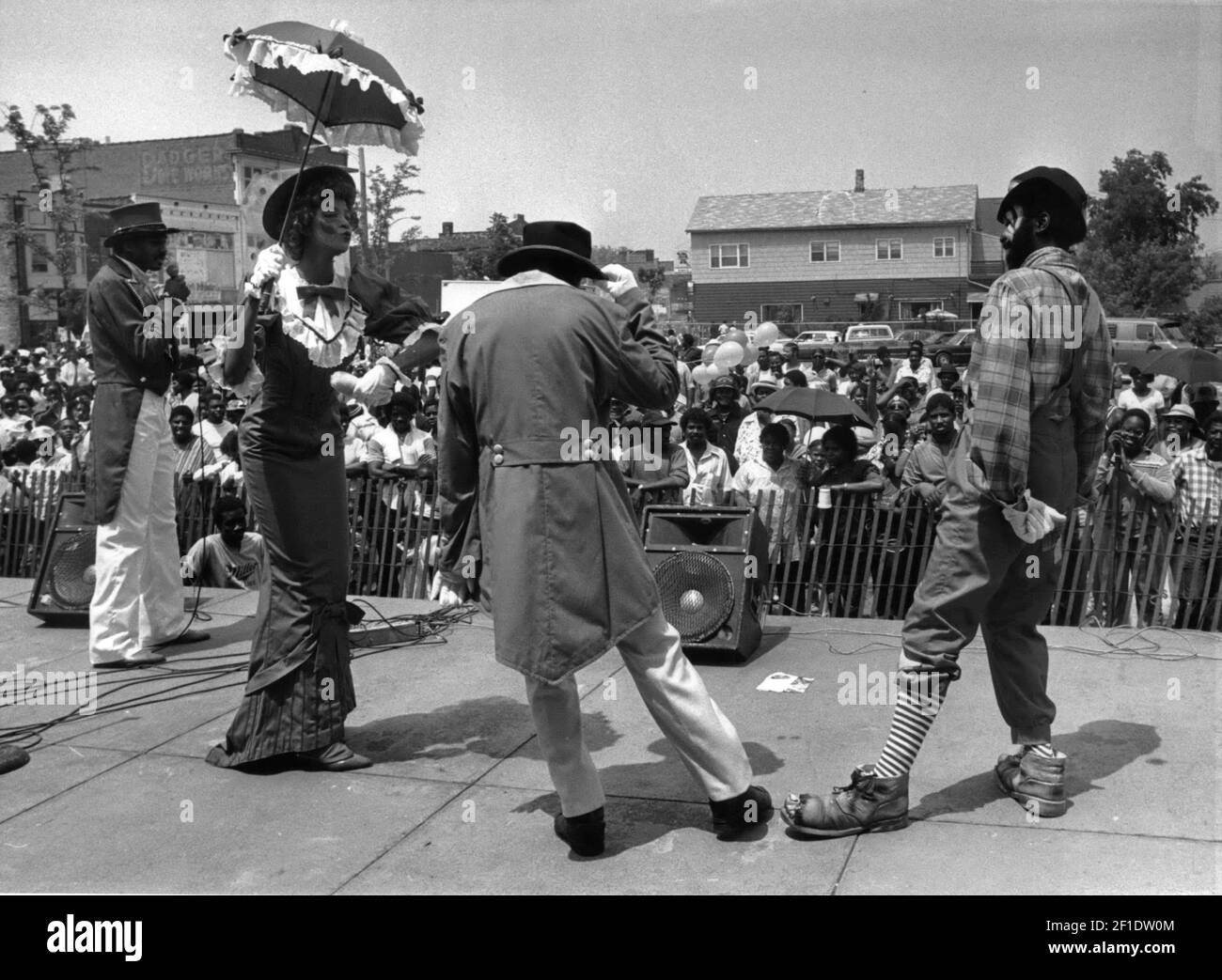 People participate in the 1986 True Colors Of The Circus World Performed At Juneteenth Day in Wisconsin. Juneteenth is celebrated as a commemoration of the ending of slavery in the United States. On June 19, 1865 Union soldiers, led by Major General Gordon Granger, arrived in Galveston, TX to spread the news that the war had ended and that the enslaved were now free. The announcement came two year after President Abraham Lincoln’s Emancipation Proclamation given on January 1, 1983, which was not enforced in Texas due to a lack of Union Troops in the area. (Photo by Milwaukee Journal Sentinel f Stock Photo