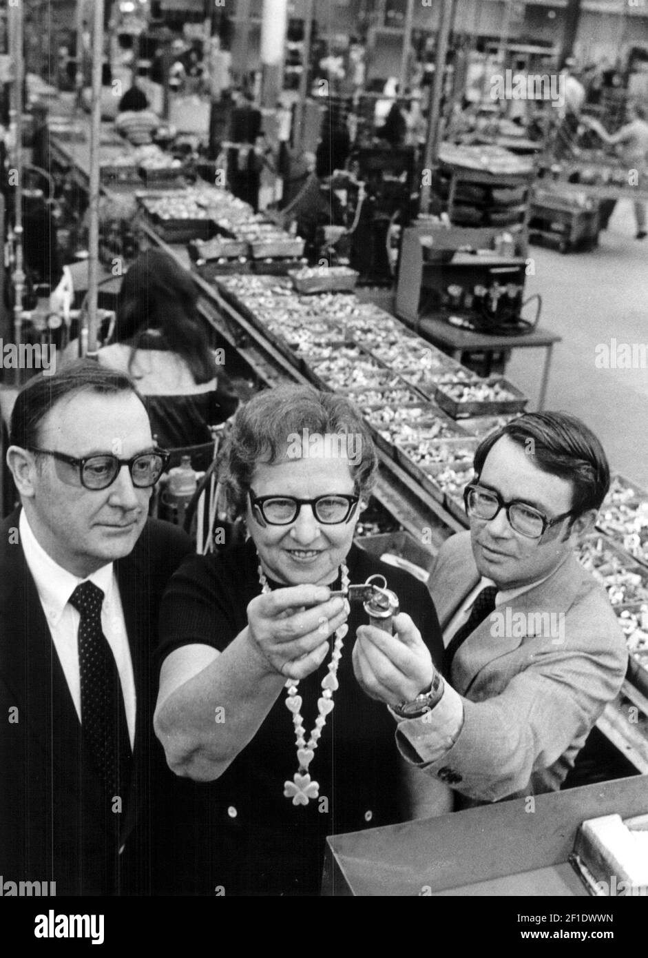 Sep 25, 1980; Milwaukee, WI, USA; When Briggs & Stratton Corp. turned out its billionth automotive lock in 1980, President Frederick P. Stratton, right, took time out for a recognition ceremony. With Stratton are Alma Hausladen, a 46-year employee and William Rollo, vice president and general manager of the Lock Division. In addition to its lock plant at 3333 W. Good Hope Rd., Glendale, where the ceremony was held, Briggs & Stratton has a lock plant in Perry, Georgia. Mandatory Credit: Milwaukee Journal Sentinel via USA TODAY NETWORK/Sipa USA Stock Photo