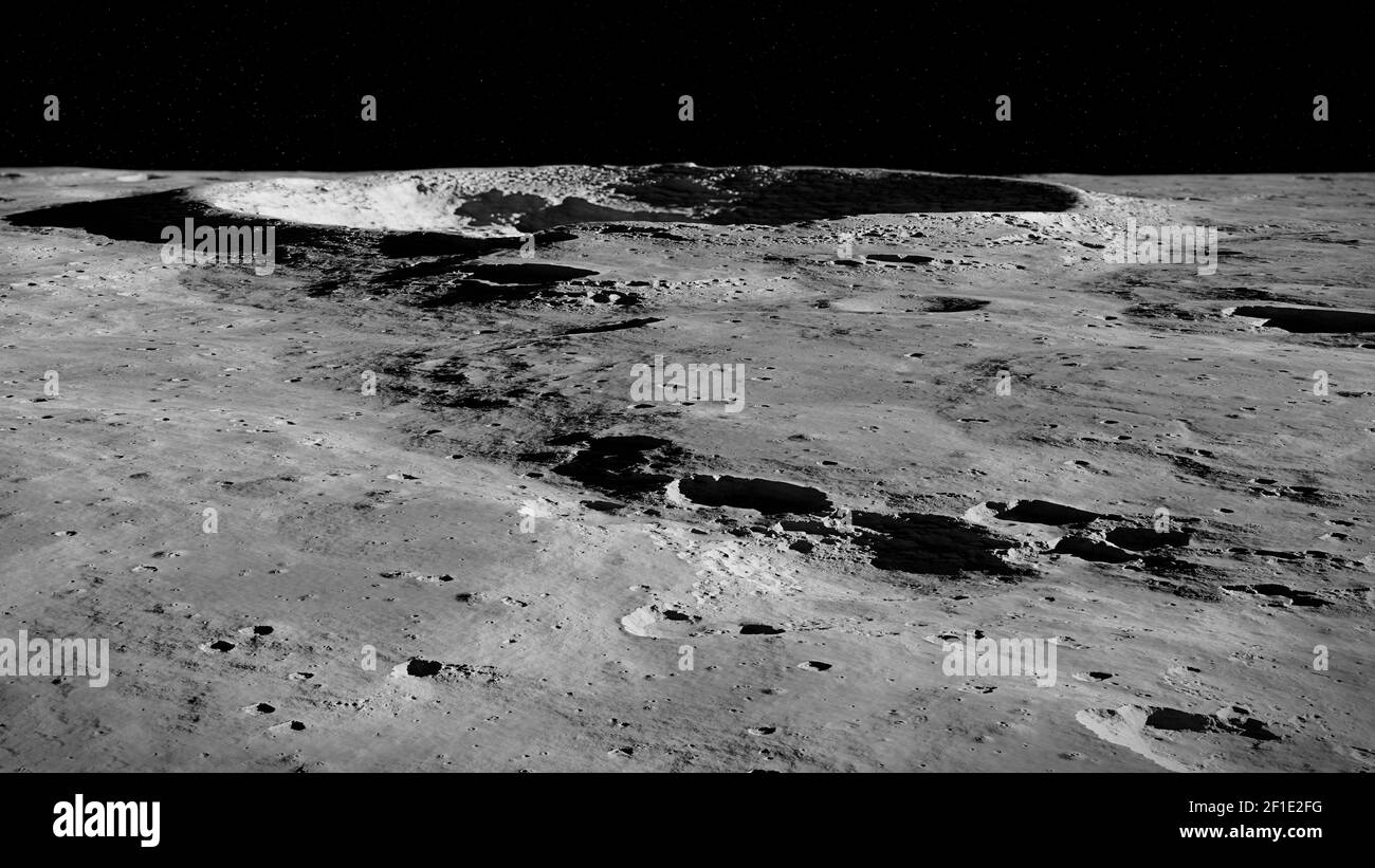 Moon surface, lunar landscape with impact crater Stock Photo