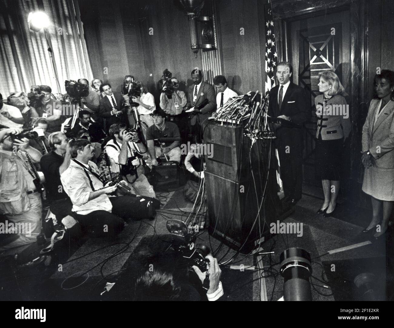 Sep 23, 1987; Washington, DC, USA; Sen. Joe Biden, with his wife Jill at his sides, holds a press conference on Capitol Hill to announce his withdrawal from the presidential race on Sept. 23, 1987. Mandatory Credit: File Photo/The News Journal-USA TODAY NETWORK/Sipa USA Stock Photo