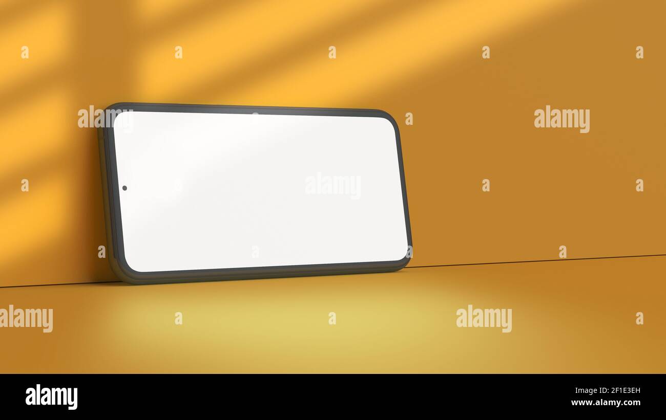 Horizontal wide screen smartphone mockup on a yellow background and copy space in 3D rendering. Realistic template of isolated mobile phone frame and Stock Photo