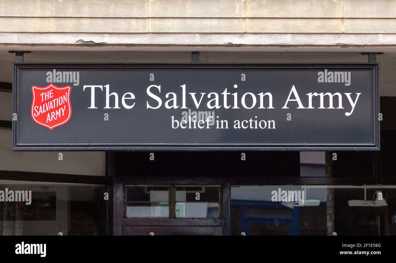 Salvation Army charity shop sign on High Street, UK Stock Photo Alamy