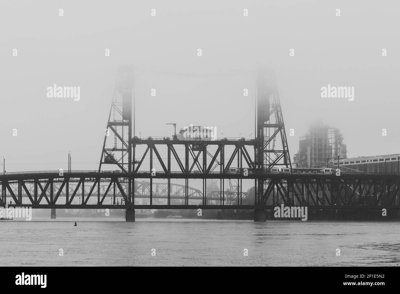 A grayscale shot of a house on a metal bridge surrounded by fo Stock