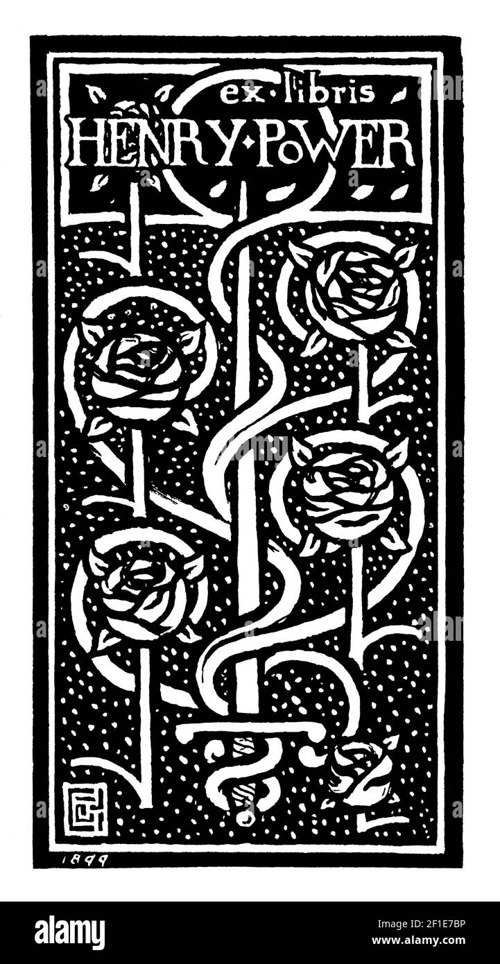 1899 Art nouveau woodcut rose motif bookplate for Henry Power designed by Scots artist, typographer, wood-engraver and printer, James Guthrie Stock Photo